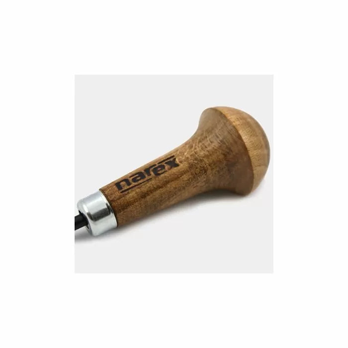 Wooden woodworking tool handle with metal ferrule and engraved 'narex' logo, isolated on white