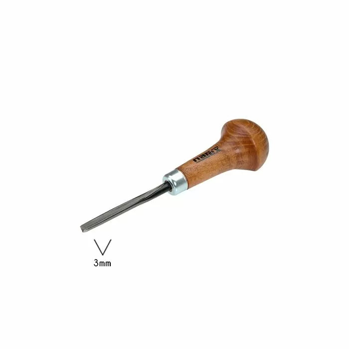 3mm wood carving chisel with rounded wooden handle on white background