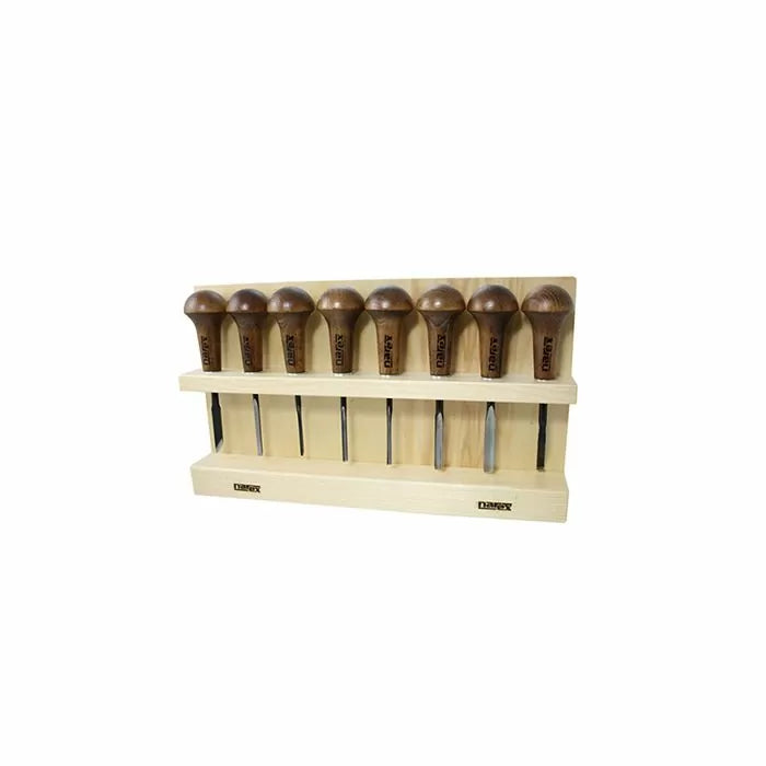 Woodworking gouge chisel set with wooden handles in a storage rack