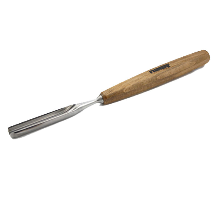 Woodworking gouge chisel with polished steel blade and wooden handle on white background