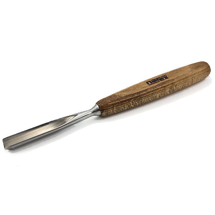 Woodworking chisel with beveled steel blade and ergonomic wooden handle on white background