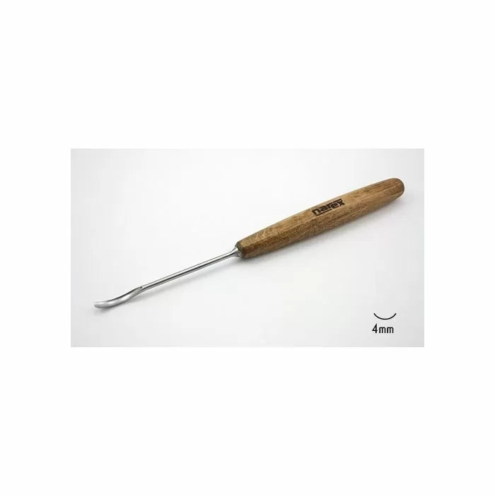 Wood carving gouge chisel with curved 4mm steel blade and wooden handle on white background