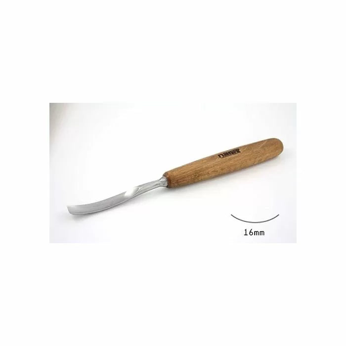 16mm curved wood carving chisel with wooden handle on white background