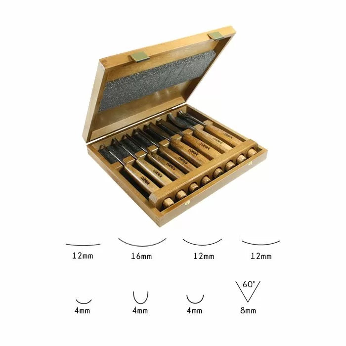 Wood carving chisel set in wooden box with assorted blade shapes and sizes for woodworking.