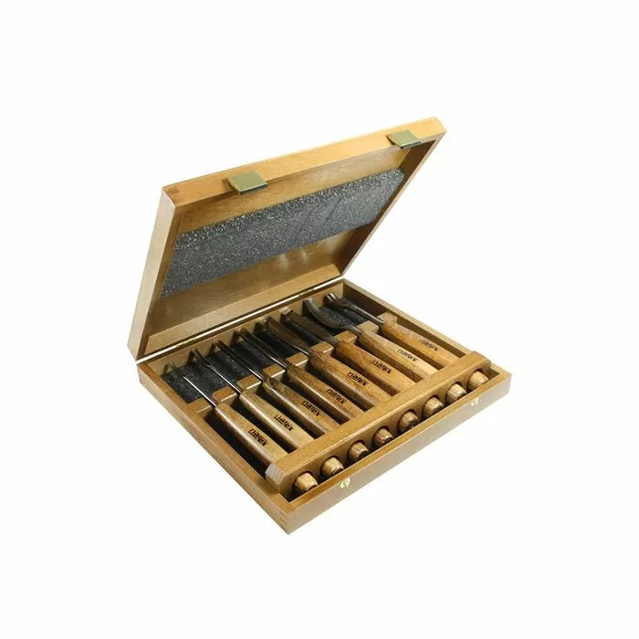 Woodworking chisel set with wooden handles in open storage case, precision hand tools