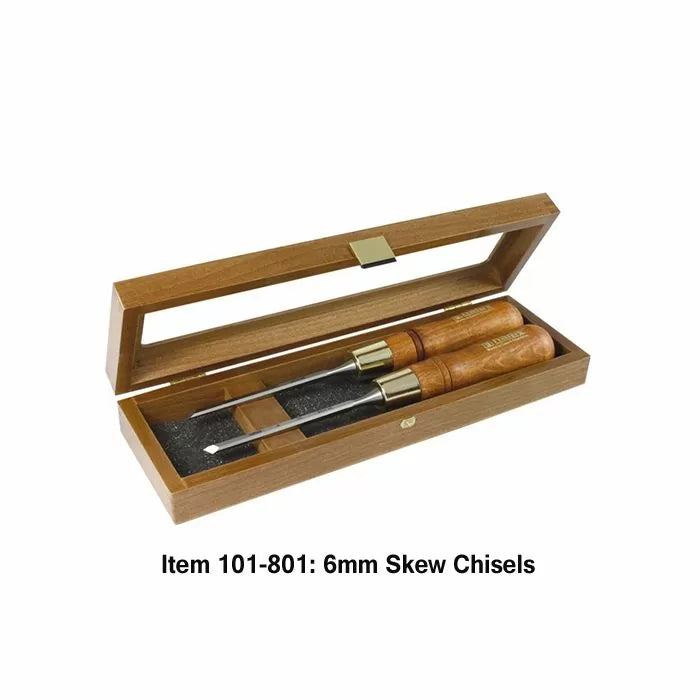 6mm skew chisels set with wooden handles in an open wood storage box