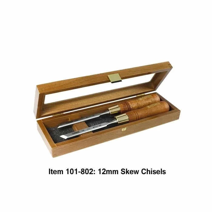 Set of two 12mm skew chisels with wooden handles in a wooden case for woodworking