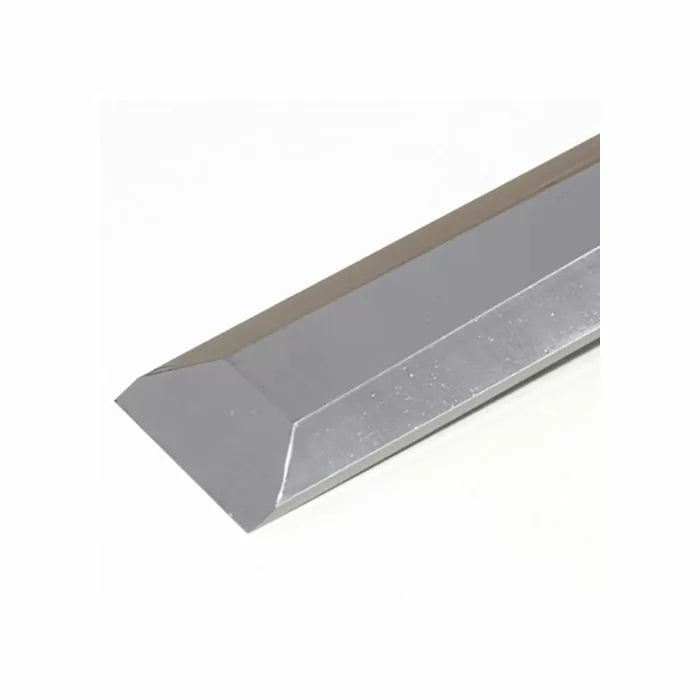 Steel woodworking chisel blade with beveled edge on white background