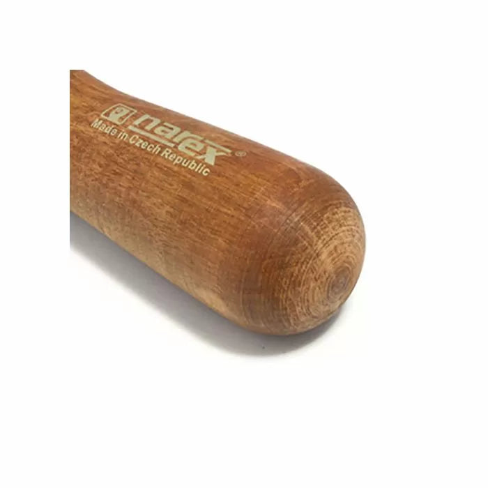 Close-up of a wooden chisel handle with natural wood grain and engraved brand text
