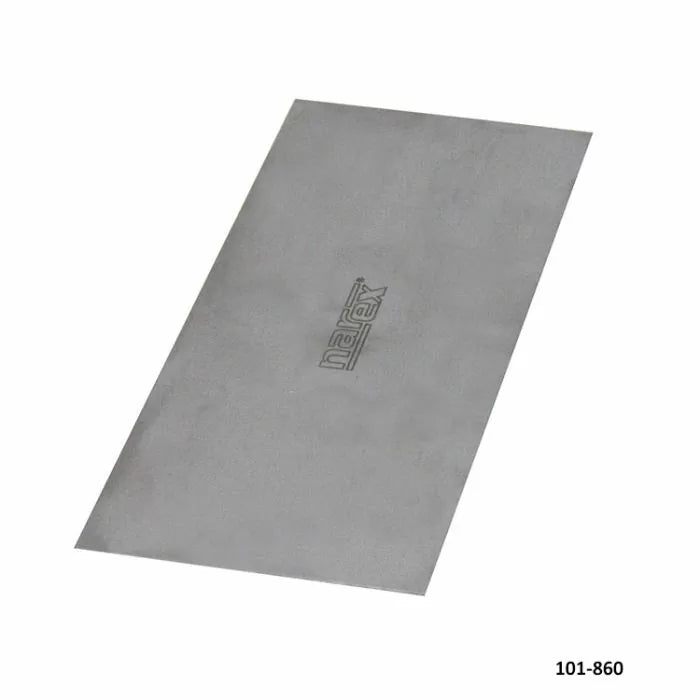 Steel woodworking hand scraper blade with Narex logo on white background