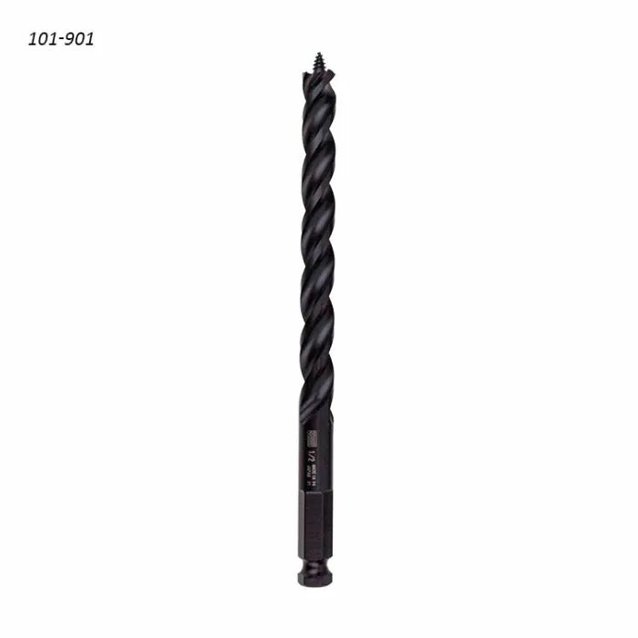Black auger drill bit with hex shank for woodworking, shown on white background