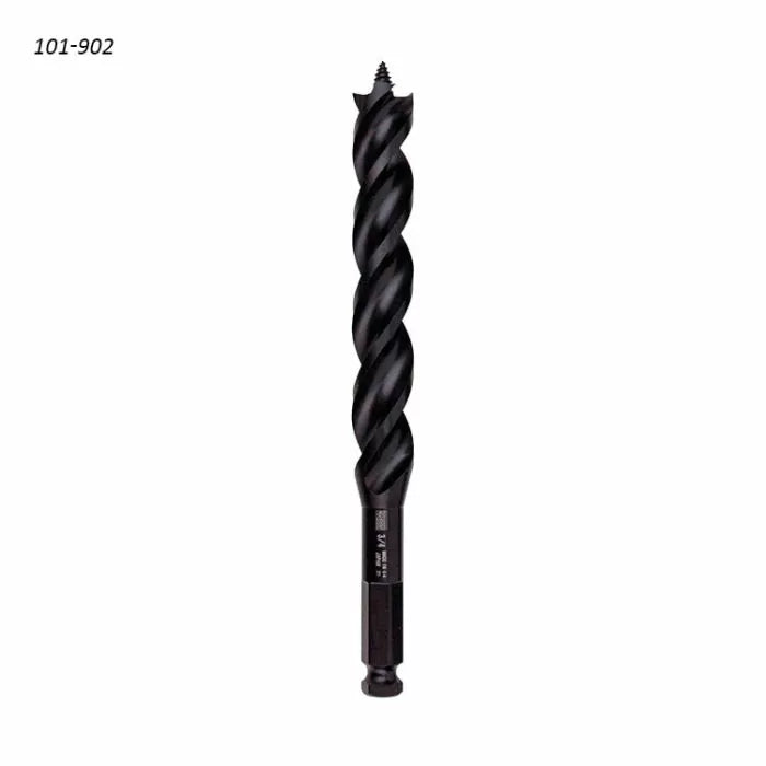 Black auger drill bit with spiral flute and hex shank for woodworking, isolated on white background