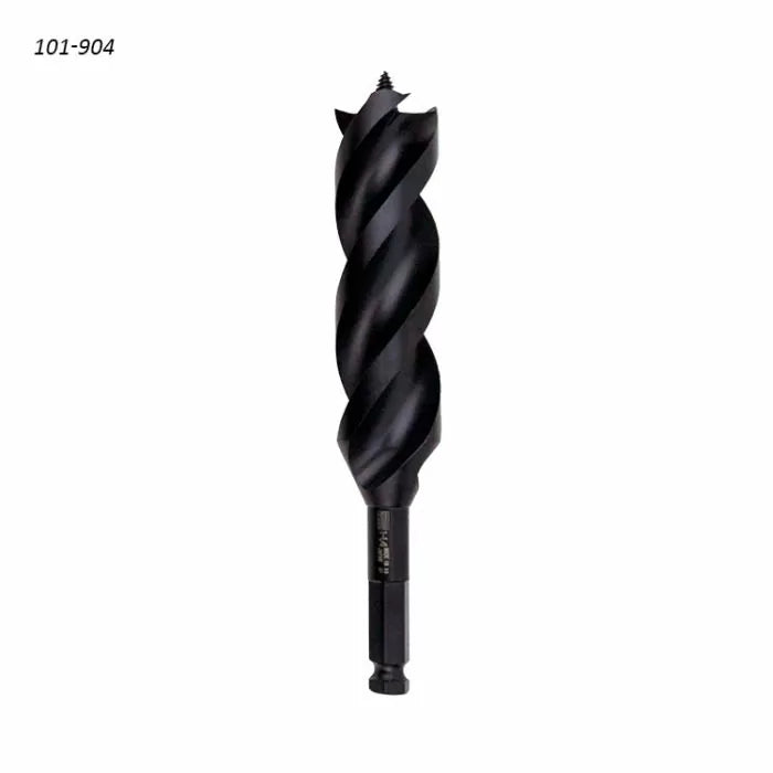 Black woodworking auger drill bit with hex shank and threaded tip on white background