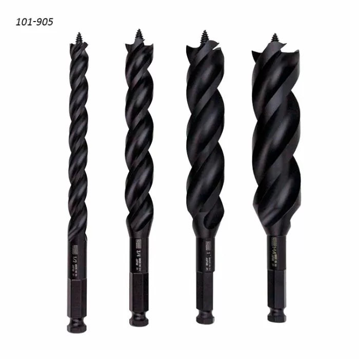 Set of four black woodworking auger drill bits with hex shanks on a white background.