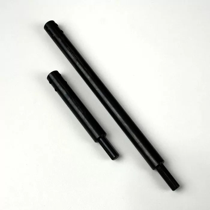 Two black drill bit extension rods for woodworking on a white background