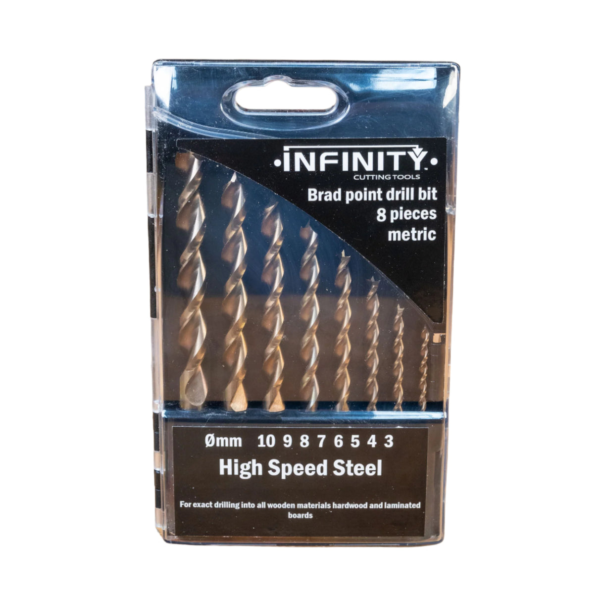 Metric brad point drill bit set, 8 pieces, high speed steel for woodworking.