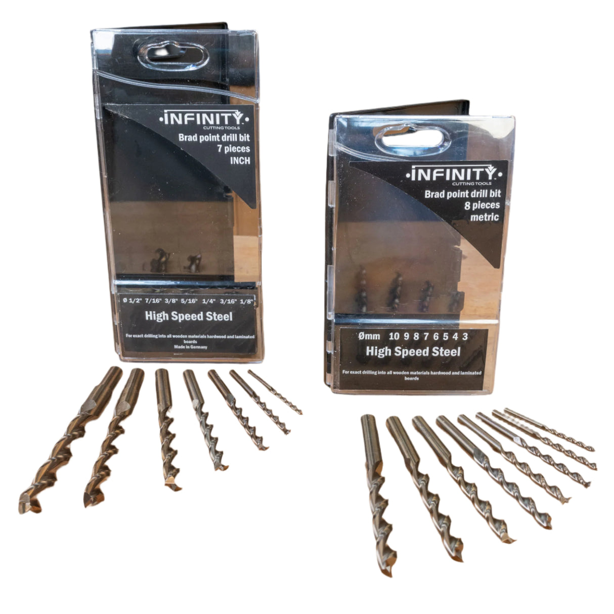 Brad point drill bit sets in inch and metric high speed steel for woodworking