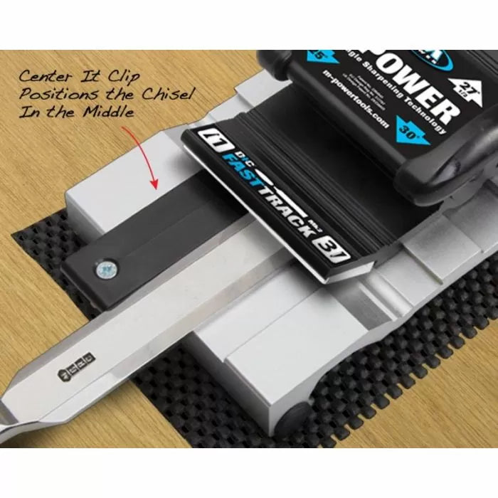 Chisel sharpening guide on workbench showing chisel centered for precise honing