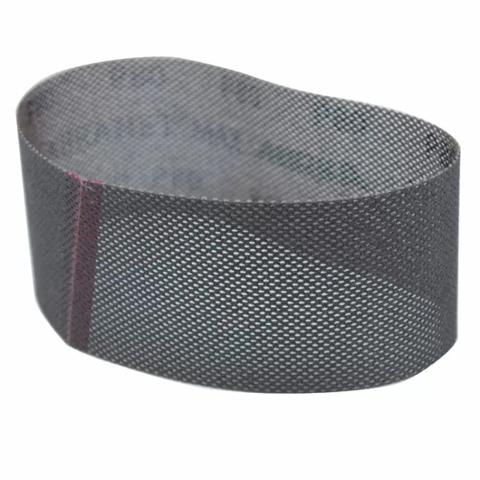 Mesh sanding belt for woodworking, close-up showing abrasive texture and seamless joint
