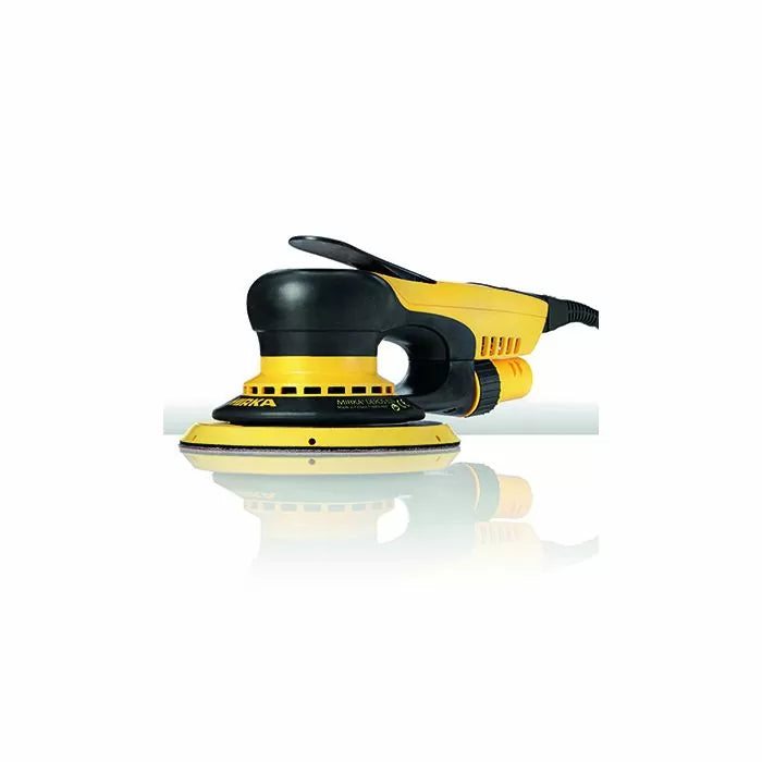 Yellow and black electric random orbital sander for woodworking on white background