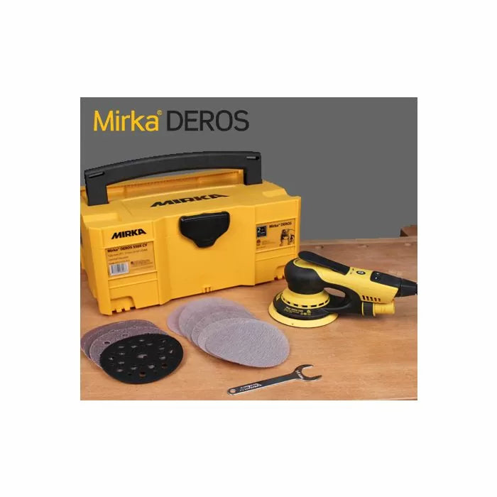 Electric random orbital sander kit with yellow case, sanding discs, and wrench on workbench.