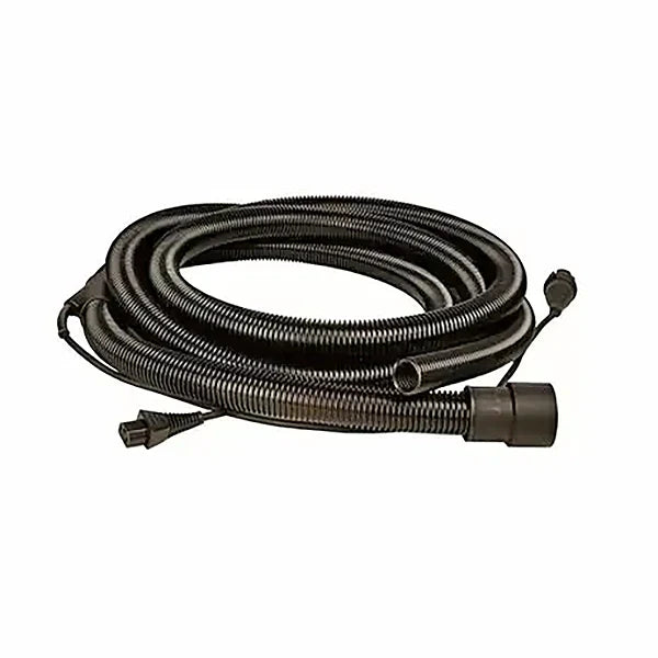 Black flexible dust collection hose for woodworking tools, coiled and corrugated