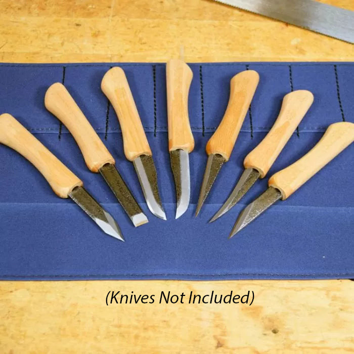 Seven wood carving knives with wooden handles displayed on a blue tool roll, knives not included.
