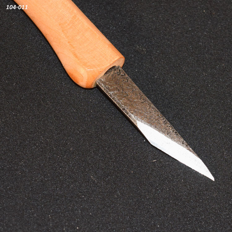 Wood carving knife with wooden handle and textured steel blade on black background