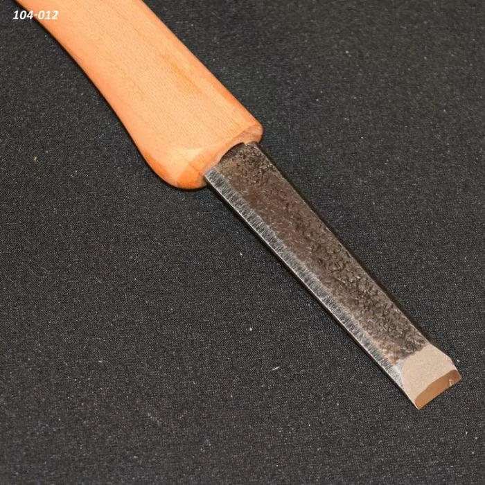 Woodworking chisel with a wooden handle and beveled edge on black background