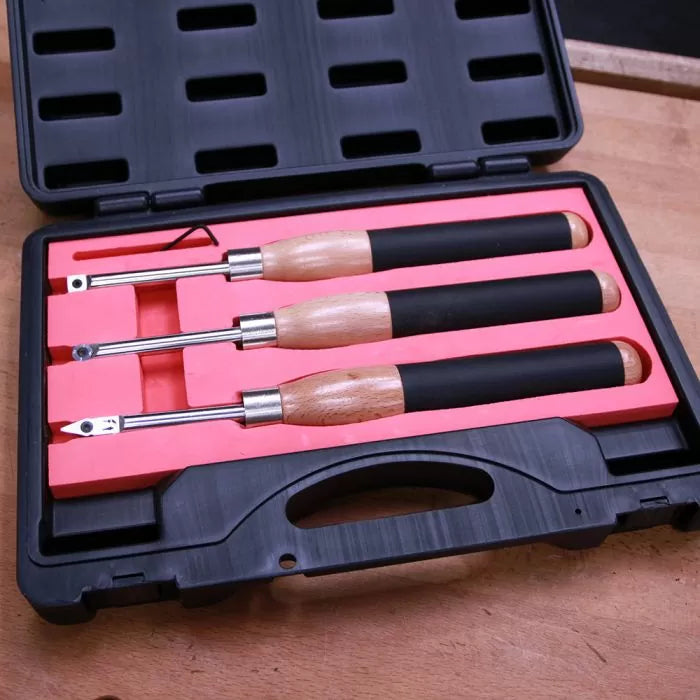 Woodturning carbide lathe tool set with ergonomic handles in protective carrying case