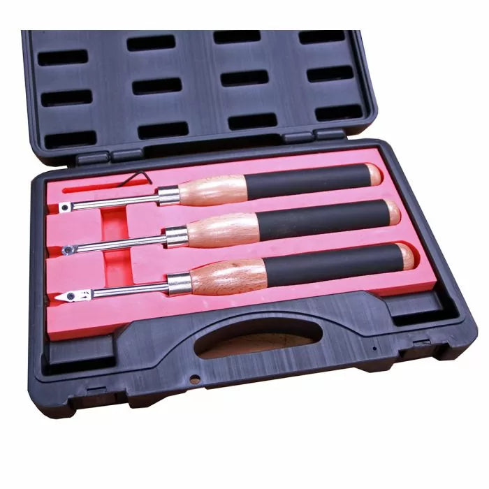 Woodturning carbide lathe chisel set with wooden handles in black carrying case