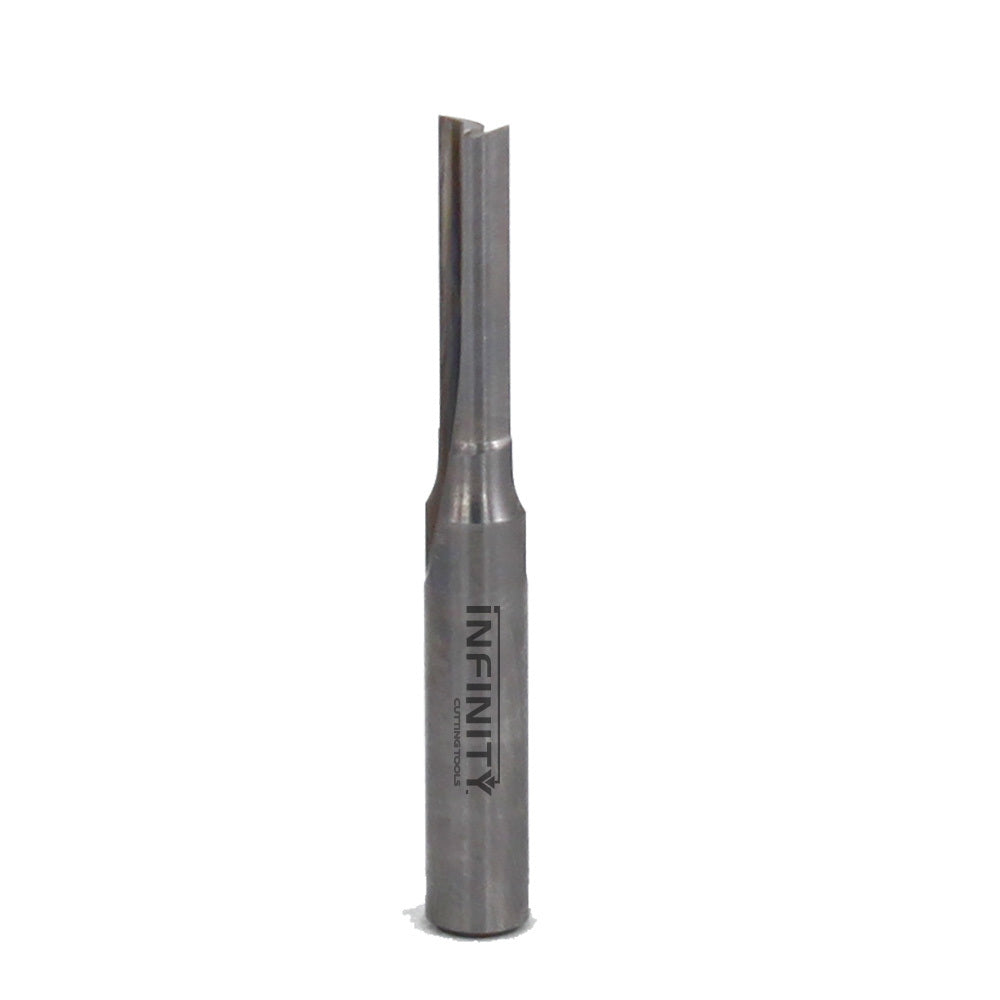 Straight carbide router bit for woodworking, single-flute design, isolated on white background