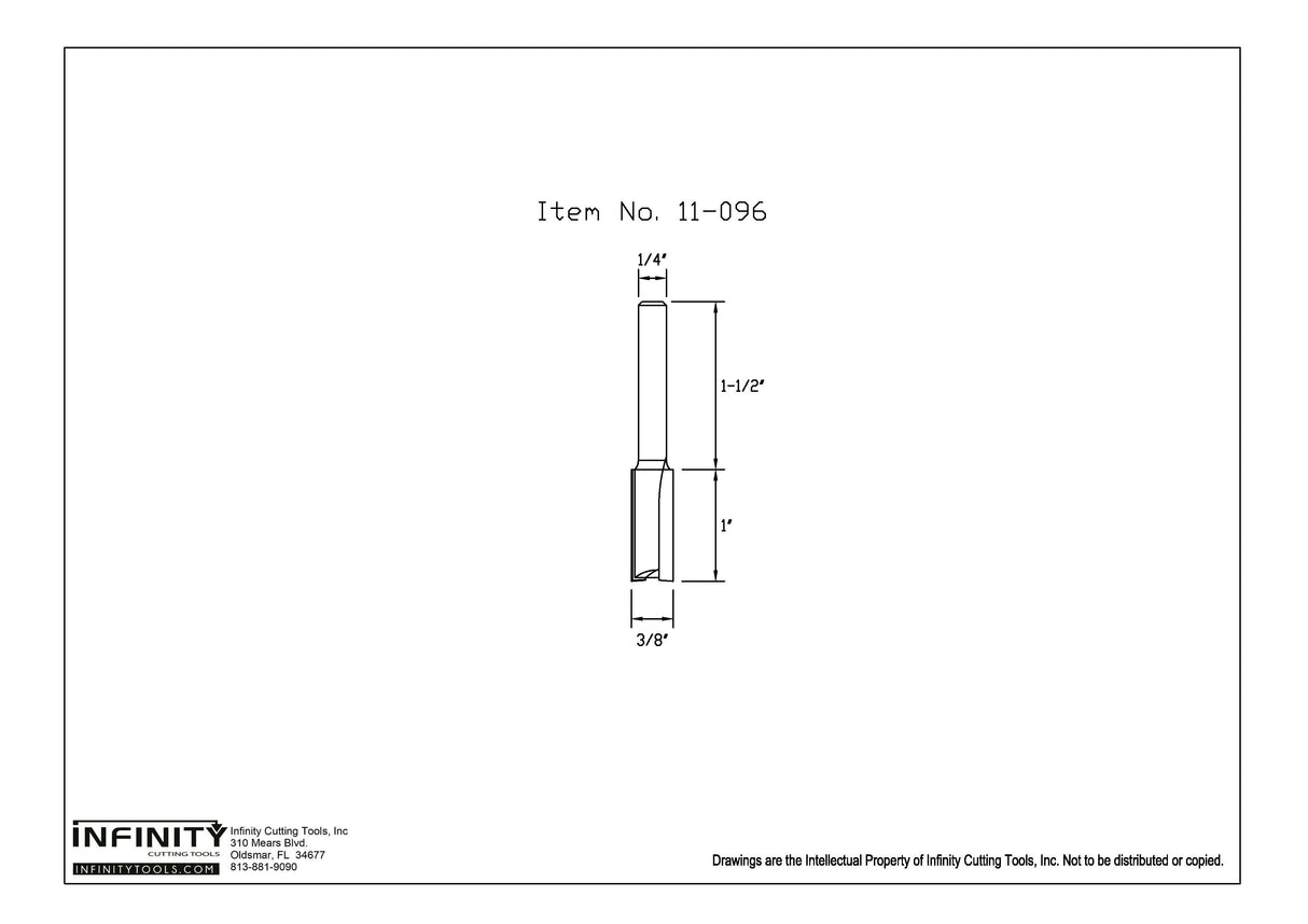 Diagram of straight router bit, 1/4 inch shank, 3/8 inch cutting diameter, 1 inch cut length.