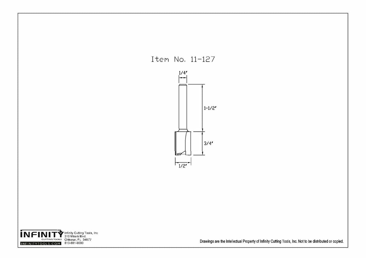 Technical drawing of straight router bit, 1/2 inch diameter, 1-1/2 inch cut length.