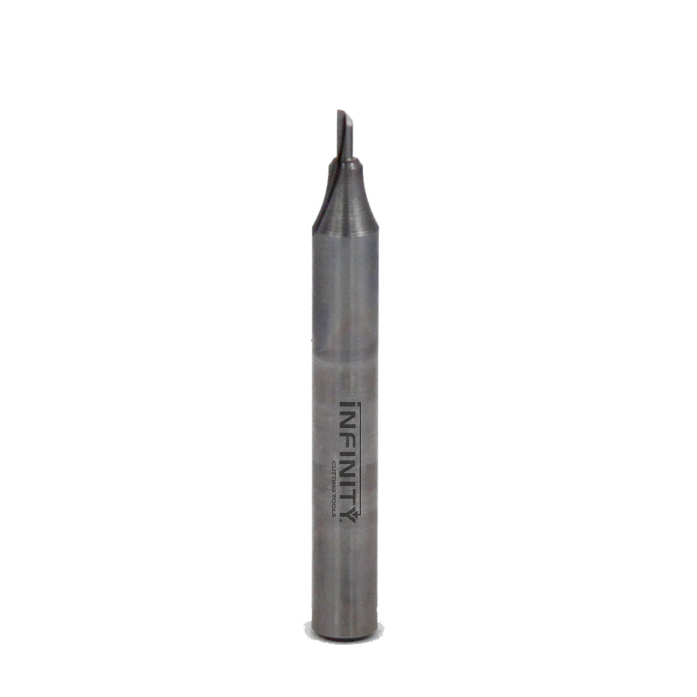 Straight carbide router bit for woodworking, single flute, on white background