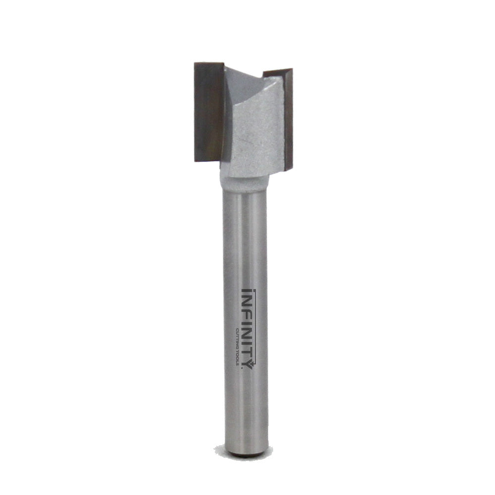 Straight router bit with carbide blades for woodworking on white background