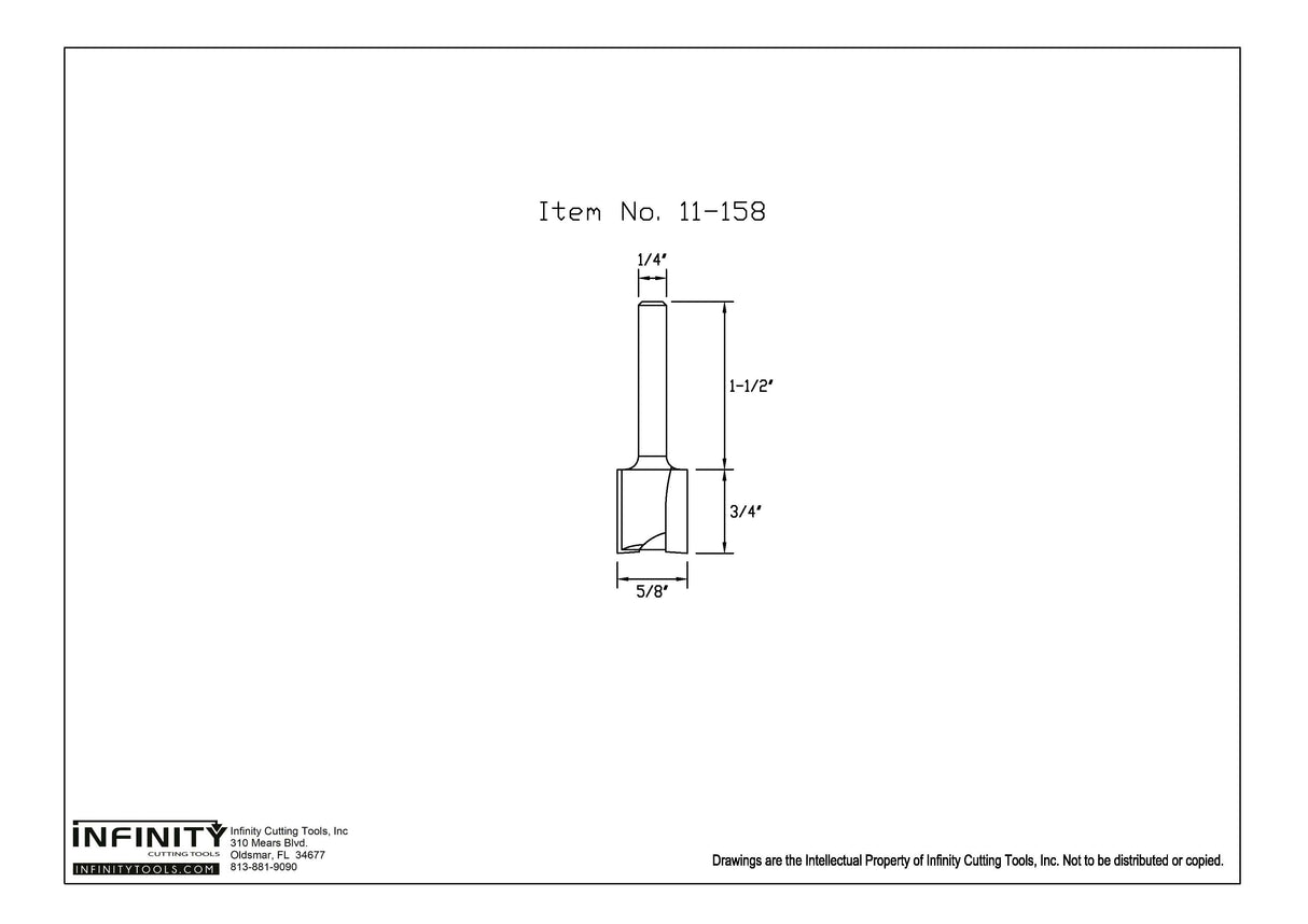 Technical drawing of straight router bit, item 11-158, with labeled dimensions.