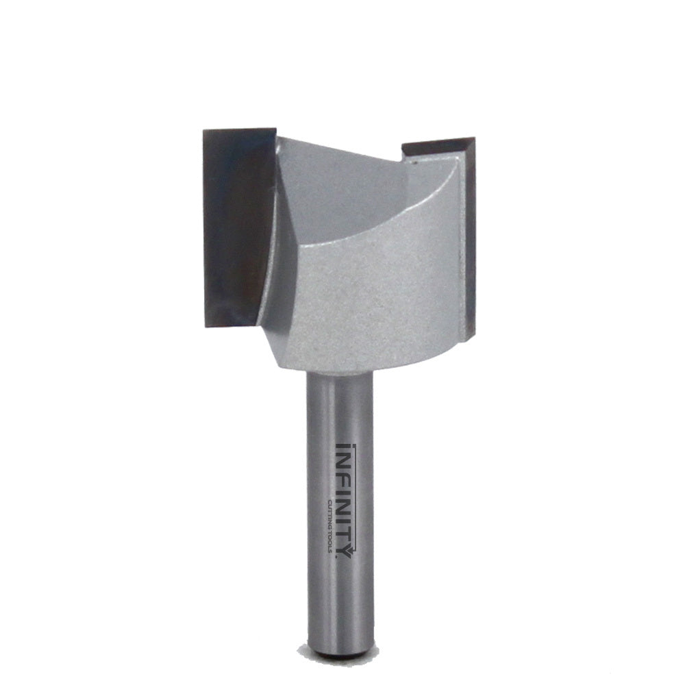 Straight router bit for woodworking, steel shank and large carbide cutting head