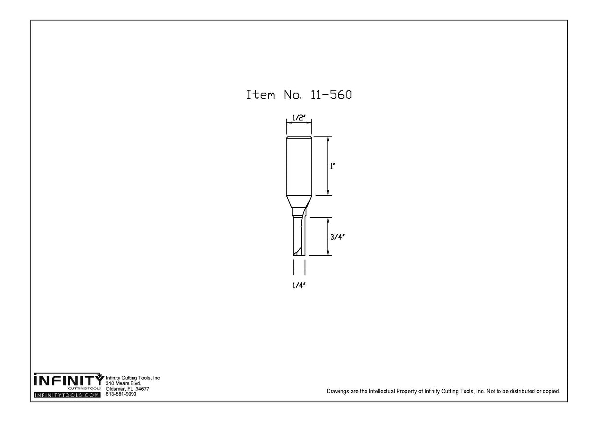 Technical drawing of 1/4 inch straight router bit, item 11-560, with dimensions.