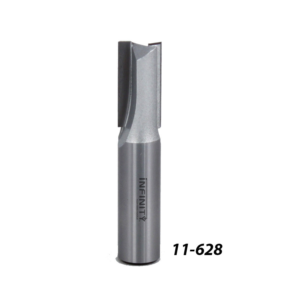 Carbide straight router bit for woodworking, labeled 11-628, on white background.
