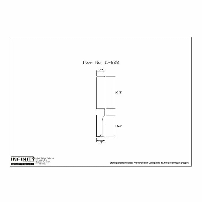 Technical drawing of a straight router bit, 1/2 inch shank, item 11-628, with measurements.