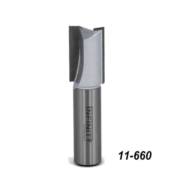 Straight router bit for woodworking, metal body with sharp cutting edge, labeled 11-660.