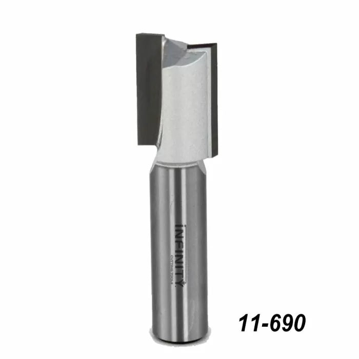 Carbide tipped straight router bit for woodworking, part number 11-690, on white background.