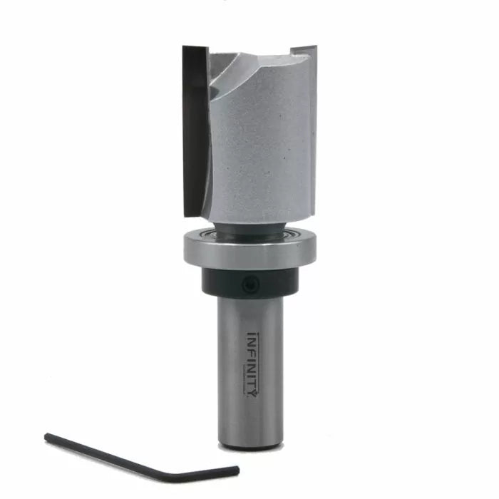 Industrial woodworking router bit with bearing guide and included hex key tool