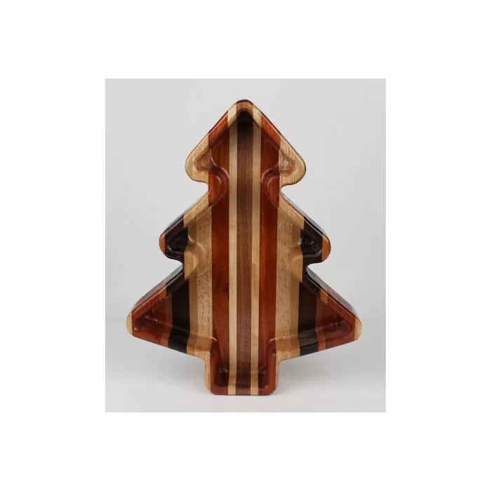 Striped wooden Christmas tree tray with natural and dark wood tones, woodworking project