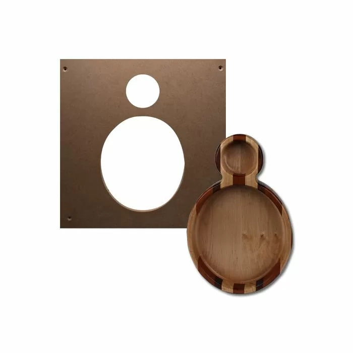 Woodworking bowl tray template and finished wooden tray with circular compartments