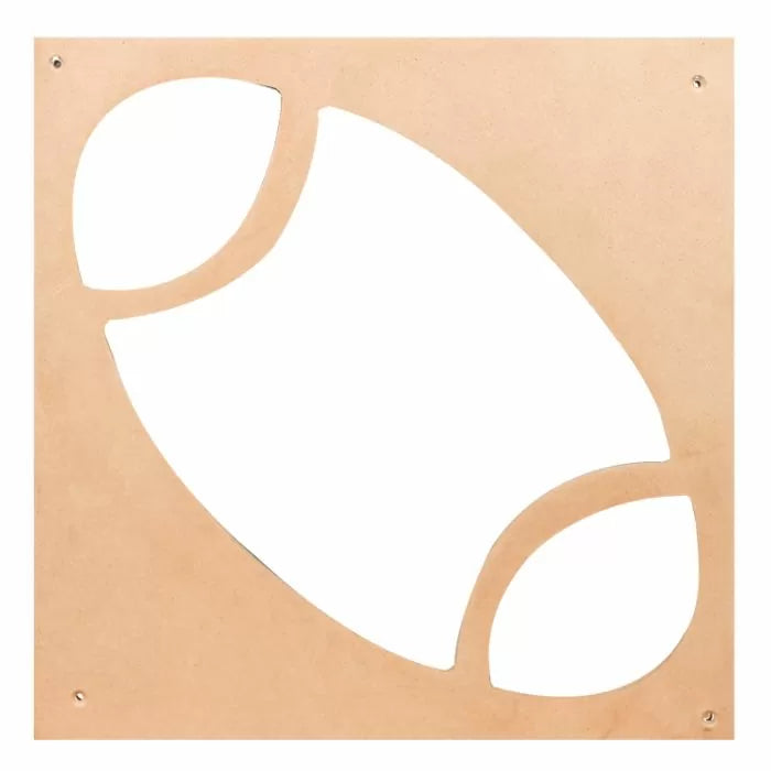 MDF woodworking template with football-shaped and oval cutouts for routing and shaping