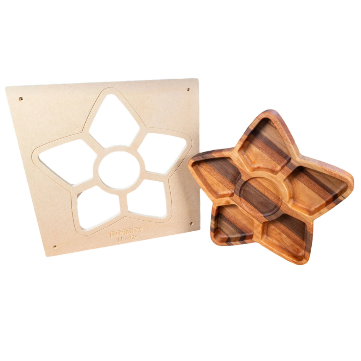 Star shaped woodworking template and wooden tray, craft tool for precise routing projects