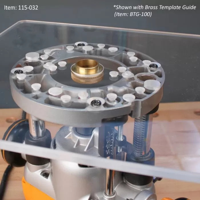 Router plate with brass template guide installed on woodworking router table