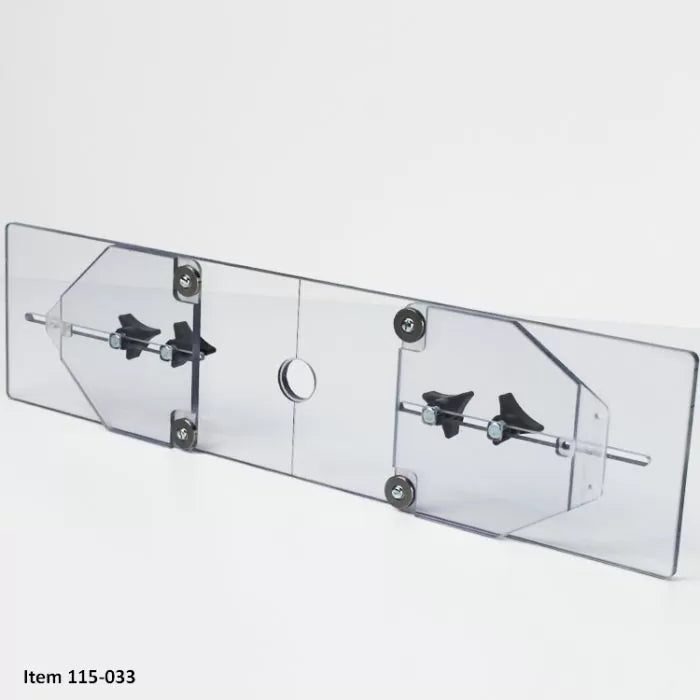 Clear acrylic router table fence with adjustment knobs and center hole for woodworking precision